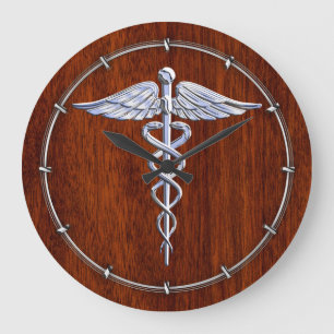 Chrome Like Caduceus Medical Symbol Mahogany Decor Large Clock
