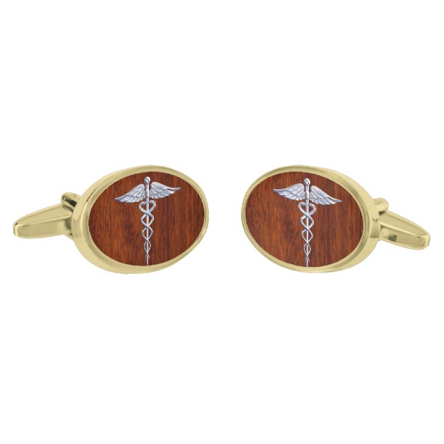 Chrome Like Caduceus Medical Symbol Mahogany Print Gold Cufflinks (Angled)