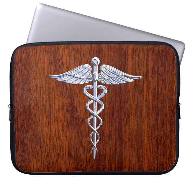 Chrome Like Caduceus Medical Symbol Mahogany Print Laptop Sleeve (Front)