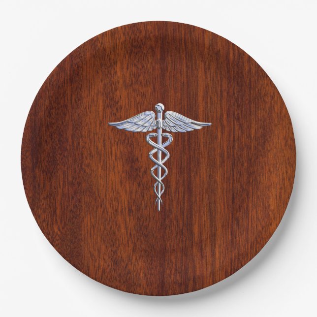 Chrome Like Caduceus Medical Symbol Mahogany Print Paper Plates (Front)