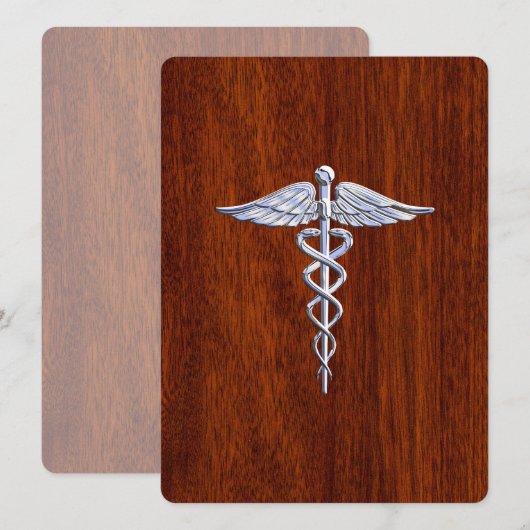 Chrome Like Caduceus Medical Symbol Mahogany Style (Front/Back)