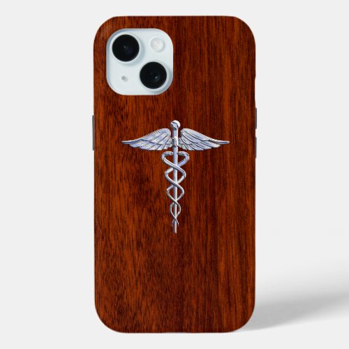 Chrome Like Caduceus Medical Symbol Mahogany Style iPhone 15 Case