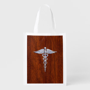 Chrome Like Caduceus Medical Symbol Mahogany Style Reusable Grocery Bag