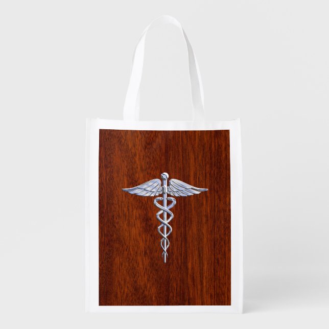 Chrome Like Caduceus Medical Symbol Mahogany Style Reusable Grocery Bag (Front)
