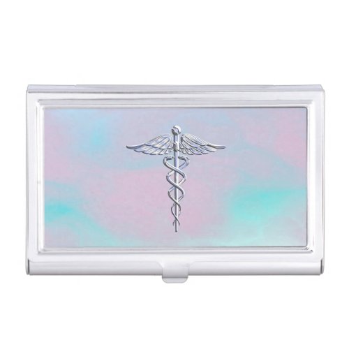 Chrome Like Caduceus Medical Symbol Mother Pearl Business Card Holder