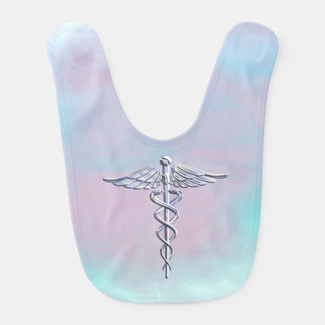 Chrome Like Caduceus Medical Symbol Mother Pearl D Baby Bib (Front)