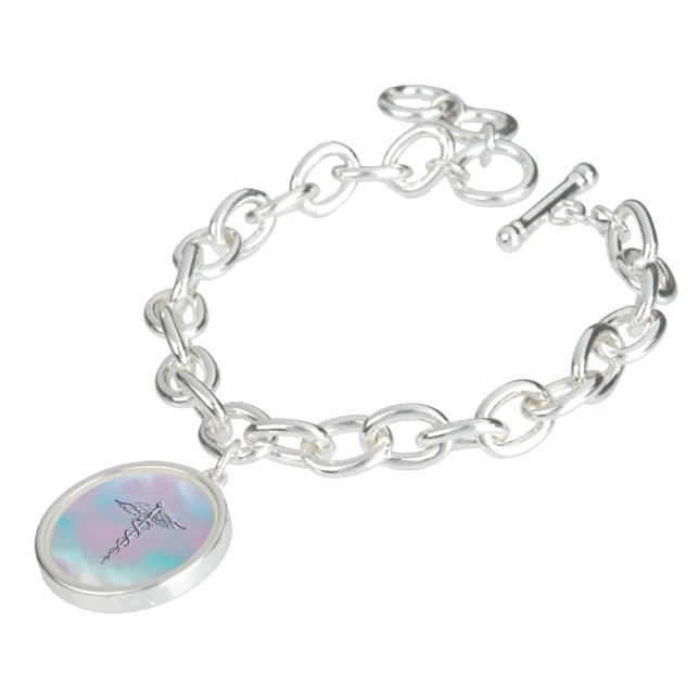 Chrome Like Caduceus Medical Symbol Mother Pearl D Bracelet (Side)