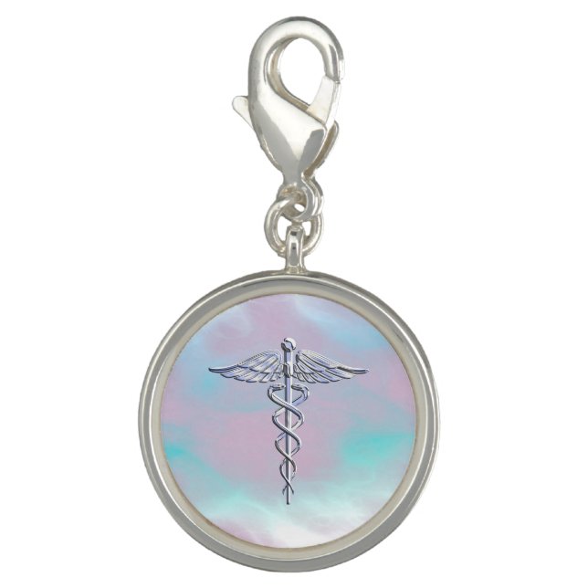 Chrome Like Caduceus Medical Symbol Mother Pearl D Charm (Front)