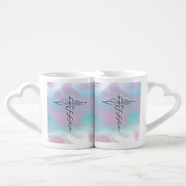 Chrome Like Caduceus Medical Symbol Mother Pearl D Coffee Mug Set (Front Nesting)
