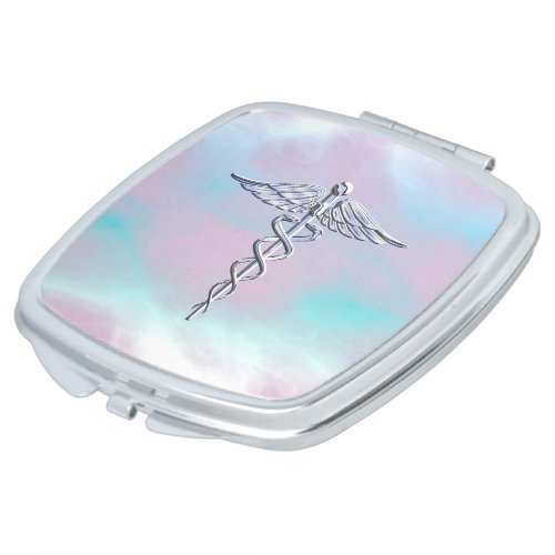 Chrome Like Caduceus Medical Symbol Mother Pearl D Compact Mirror