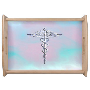Chrome Like Caduceus Medical Symbol Mother Pearl D Serving Tray