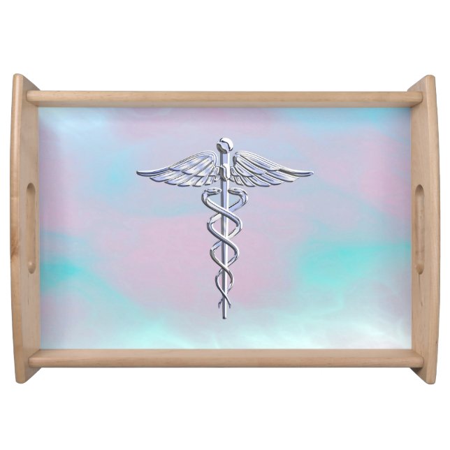 Chrome Like Caduceus Medical Symbol Mother Pearl D Serving Tray (Front)