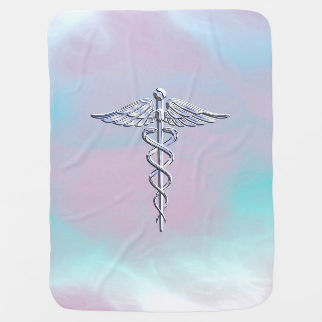 Chrome Like Caduceus Medical Symbol Mother Pearl D Swaddle Blanket (Front)