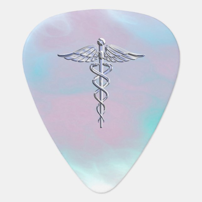 Chrome Like Caduceus Medical Symbol Mother Pearl Guitar Pick (Front)
