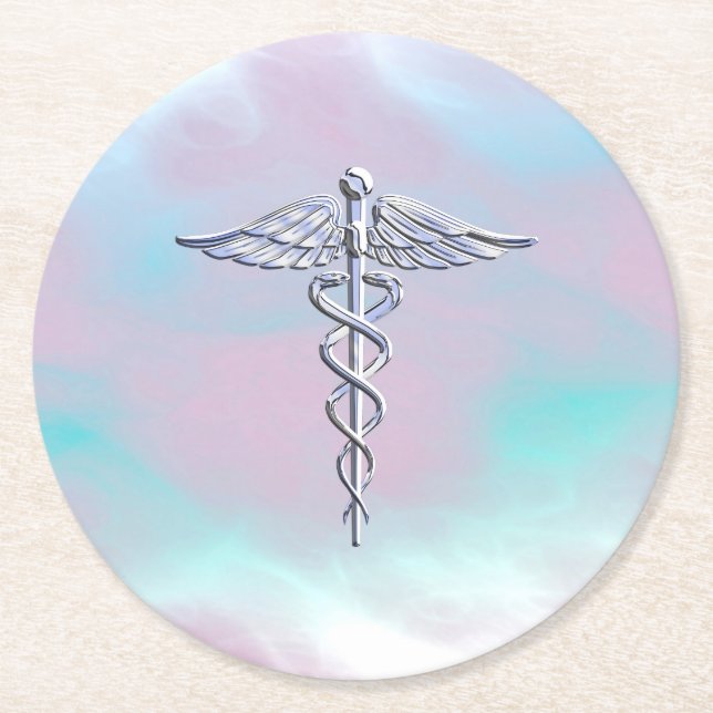 Chrome Like Caduceus Medical Symbol Mother Pearl Round Paper Coaster (Front)