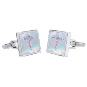 Chrome Like Caduceus Medical Symbol Mother Pearl Silver Cufflinks