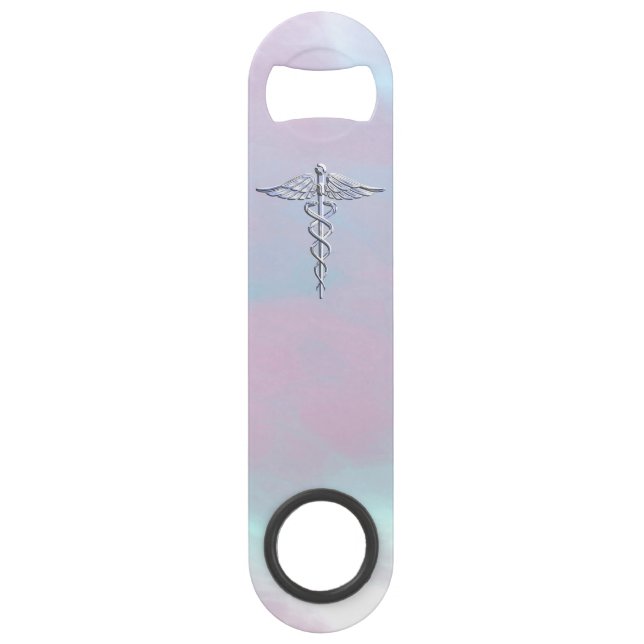 Chrome Like Caduceus Medical Symbol Mother Pearl Speed Bottle Opener (Front)