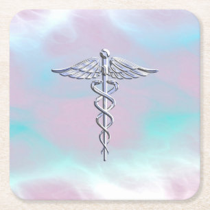 Chrome Like Caduceus Medical Symbol Mother Pearl Square Paper Coaster
