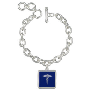 Chrome Like Caduceus Medical Symbol Navy Blue Deco Charm Bracelet