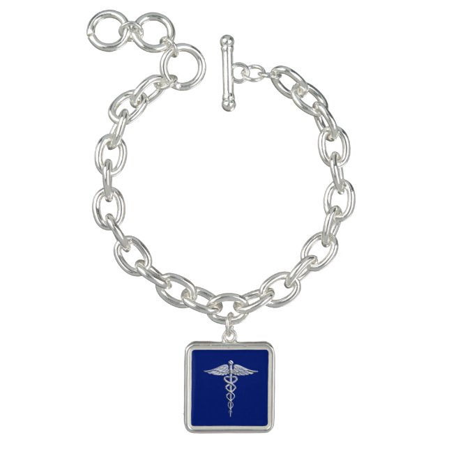 Chrome Like Caduceus Medical Symbol Navy Blue Deco Charm Bracelet (Product)