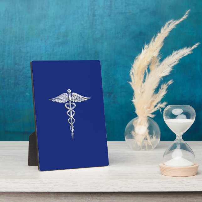 Chrome Like Caduceus Medical Symbol Navy Blue Deco Plaque (Side)
