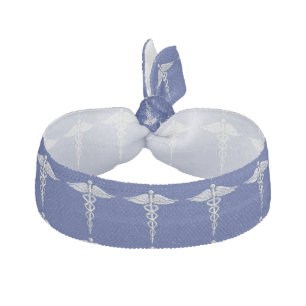 Chrome Like Caduceus Medical Symbol Navy Blue Deco Ribbon Hair Tie