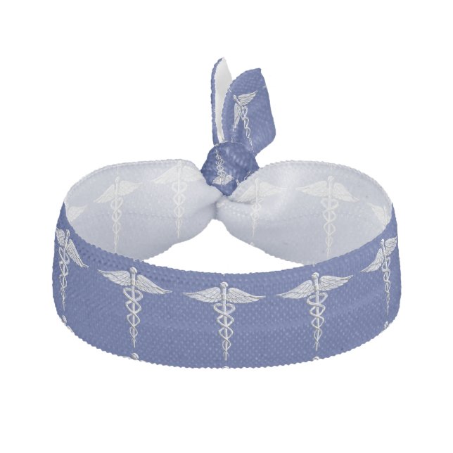 Chrome Like Caduceus Medical Symbol Navy Blue Deco Ribbon Hair Tie (Front)