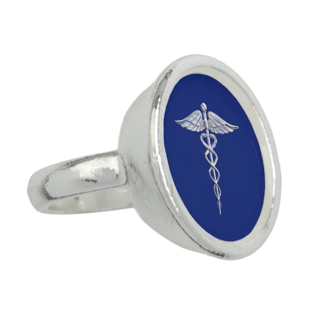 Chrome Like Caduceus Medical Symbol Navy Blue Deco Ring (Side)