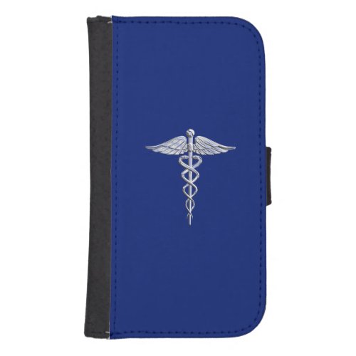 Chrome Like Caduceus Medical Symbol Navy Blue Deco Phone Wallet