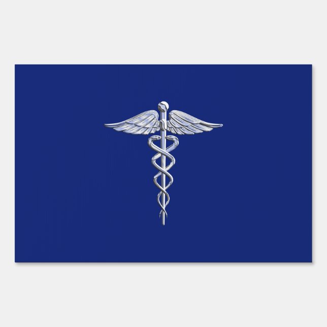 Chrome Like Caduceus Medical Symbol Navy Blue Deco Sign (Front)