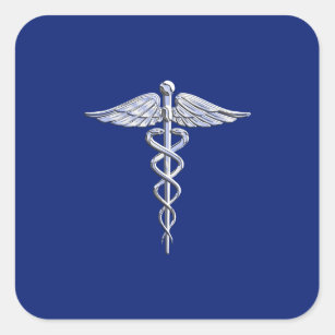 Chrome Like Caduceus Medical Symbol Navy Blue Deco Square Sticker