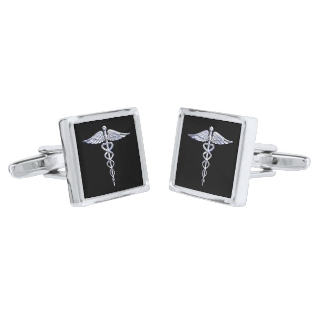 Chrome Like Caduceus Medical Symbol on Black Silver Cufflinks (Angled)