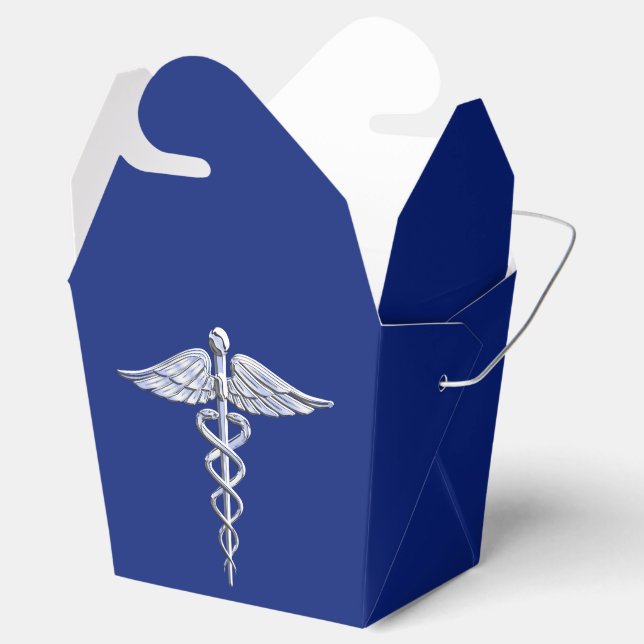 Chrome Like Caduceus Medical Symbol on Blue Decor Favor Boxes (Opened)