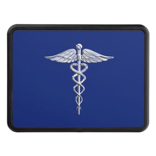 Chrome Like Caduceus Medical Symbol on Blue Decor Hitch Cover