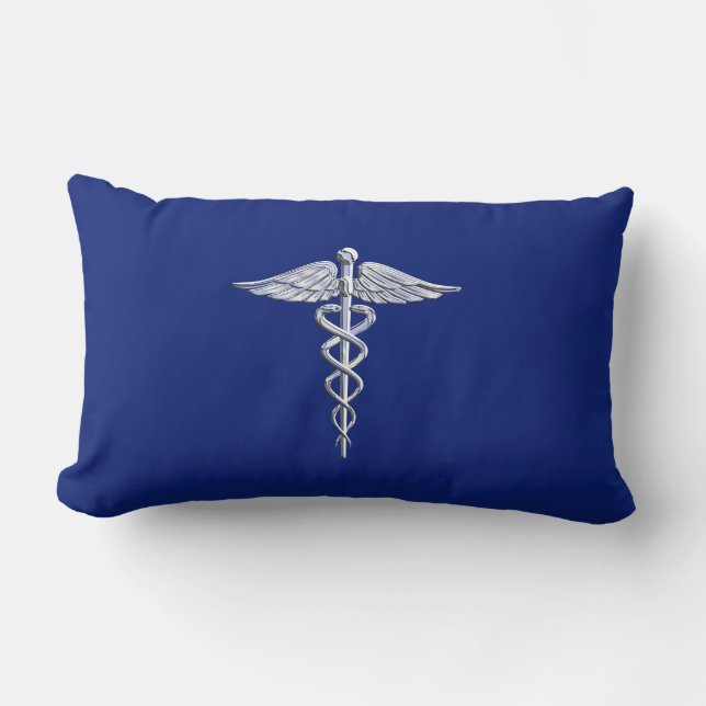 Chrome Like Caduceus Medical Symbol on Blue Decor Lumbar Pillow (Front)