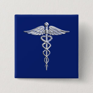 Chrome Like Caduceus Medical Symbol on Blue Decor Pinback Button