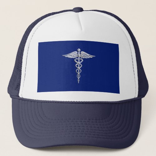 Chrome Like Caduceus Medical Symbol on Blue Decor Trucker Hat