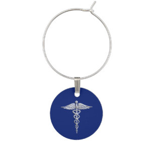 Chrome Like Caduceus Medical Symbol on Blue Decor Wine Charm