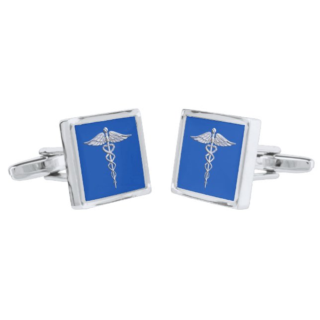 Chrome Like Caduceus Medical Symbol on Blue Silver Cufflinks (Angled)