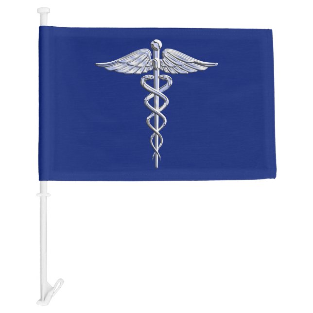 Chrome Like Caduceus Medical Symbol on Navy Blue Car Flag (Front)