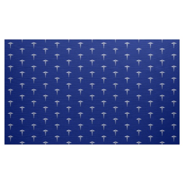 Chrome Like Caduceus Medical Symbol on Navy Blue Fabric (Yard)