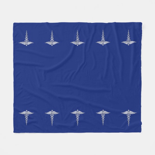 Chrome Like Caduceus Medical Symbol on Navy Blue Fleece Blanket (Front (Horizontal))