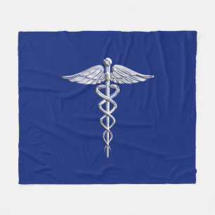 Chrome Like Caduceus Medical Symbol on Navy Blue Fleece Blanket