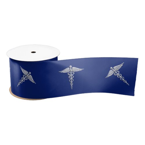 Chrome Like Caduceus Medical Symbol on Navy Blue Satin Ribbon