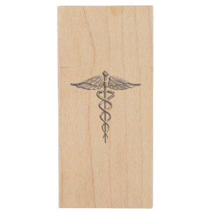 Chrome Like Caduceus Medical Symbol on Navy Blue Wood Flash Drive