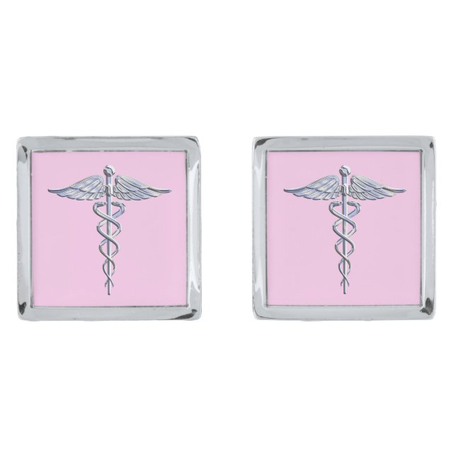 Chrome Like Caduceus Medical Symbol on Pink Silver Cufflinks (Front)