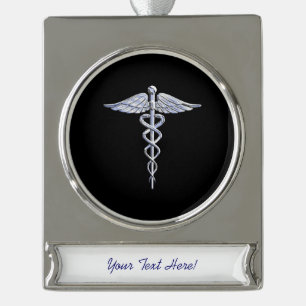 Chrome Like Caduceus Medical Symbol Silver Plated Banner Ornament