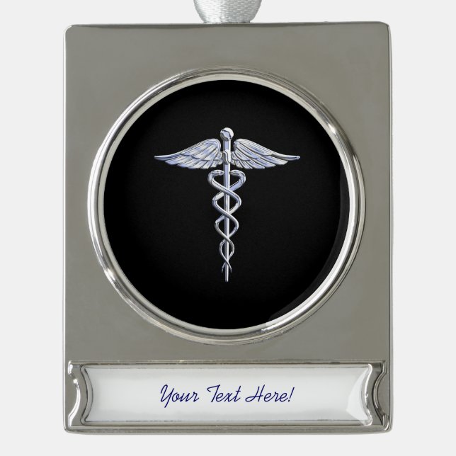 Chrome Like Caduceus Medical Symbol Silver Plated Banner Ornament (Front)