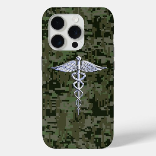 Chrome Like Caduceus Symbol on Green Camouflage iPhone 15 Pro Case