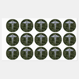 Chrome Like Caduceus Symbol on Green Camouflage Labels
